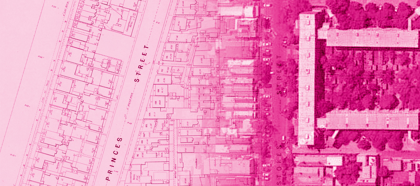 A street map with a pink wash